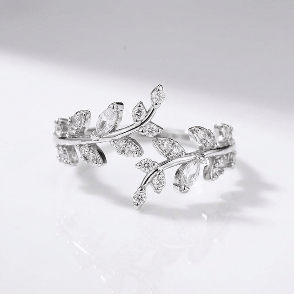 CRYSTAL LEAF VINE SILVER RING - (ADJUSTABLE)