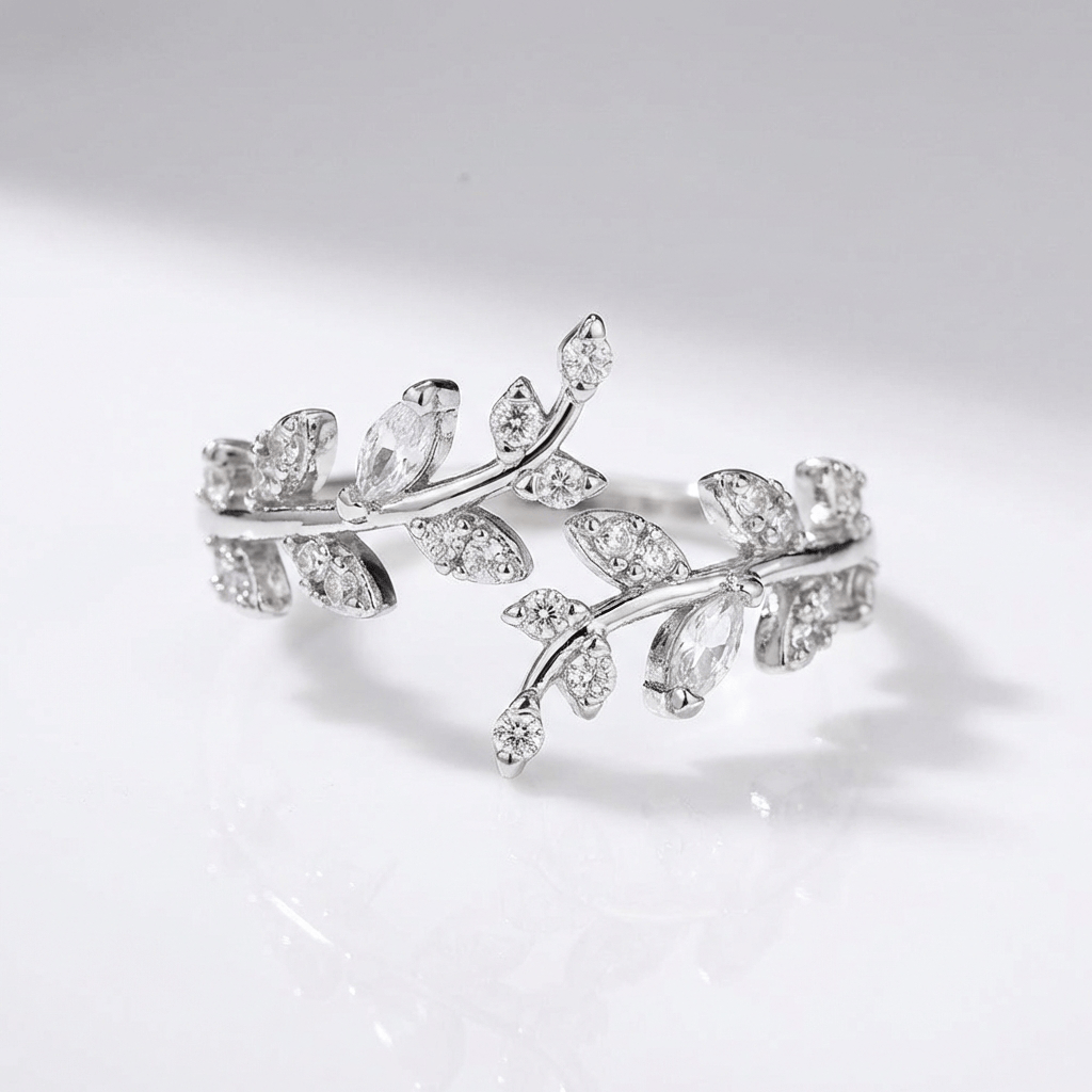 CRYSTAL LEAF VINE SILVER RING - (ADJUSTABLE)
