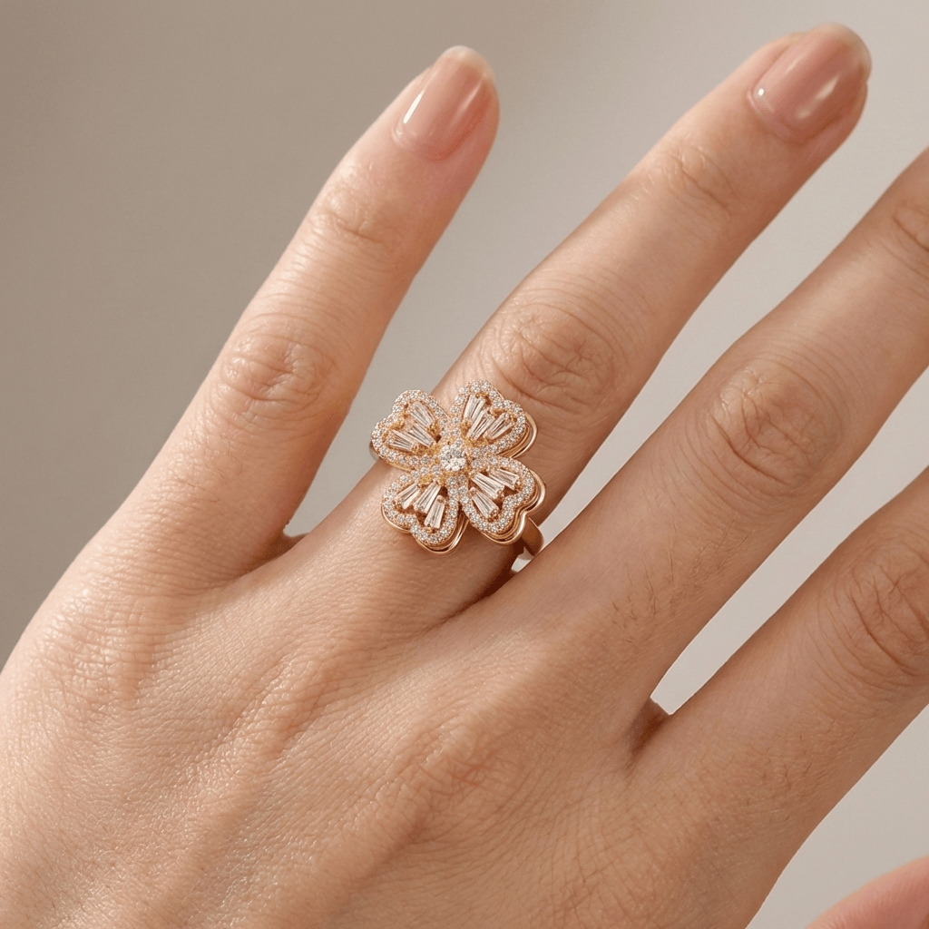 BAGUETTE ZIRCONIA ROTATING FLOWER RING - (ADJUSTABLE)